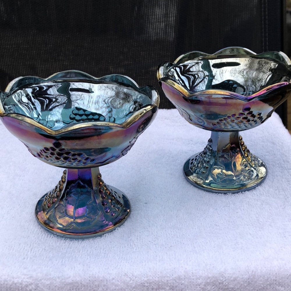 Vintage Carnival Blue Iridescent Harvest Grapes Candle Holders